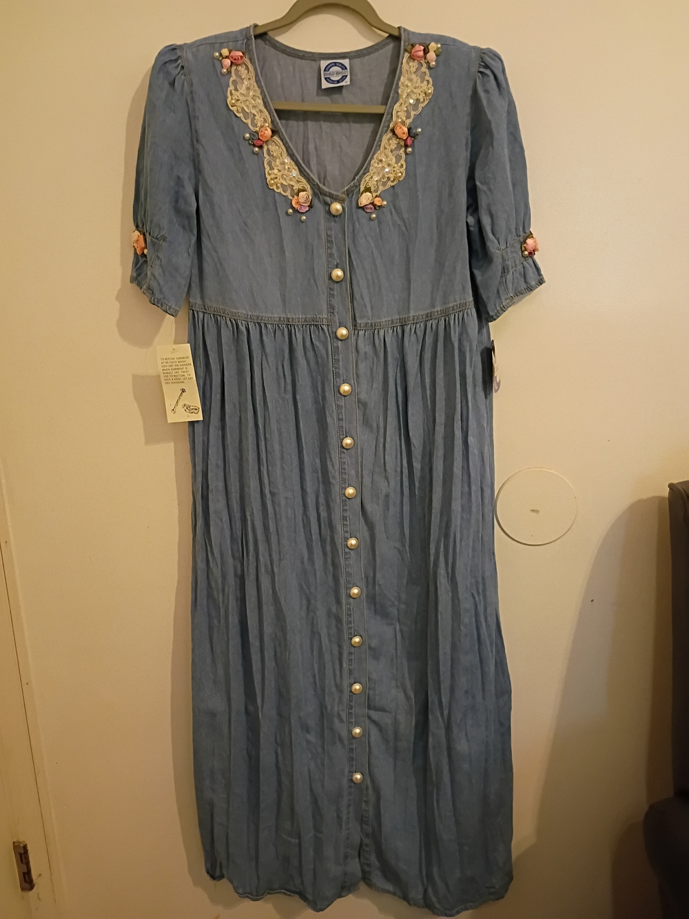 VTG Bingo Bingo Denim Maxi Dress with Lace Trim Sz 10 NWT